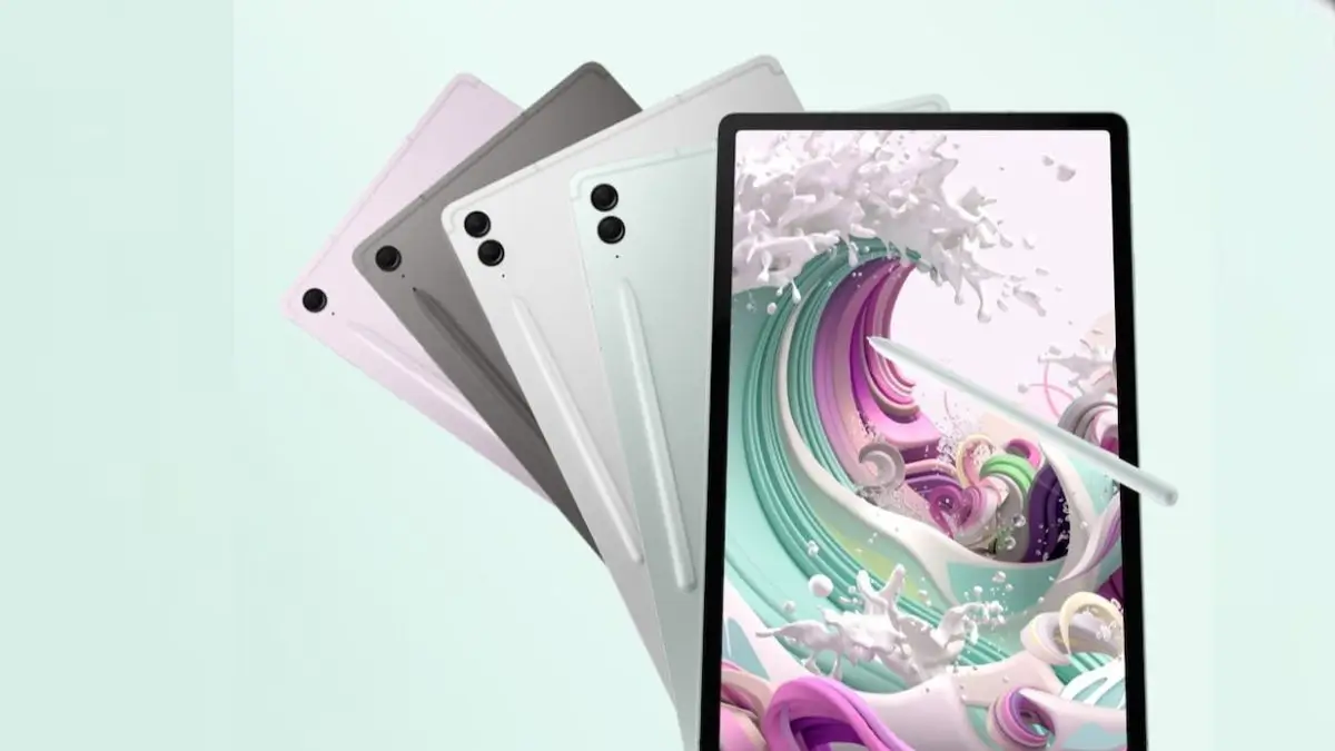 Multiple color variants of the Samsung Galaxy Tab S10 FE with S Pen, featuring dual rear cameras and vibrant display graphics.