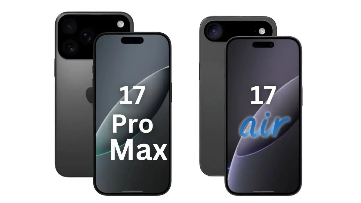 iPhone 17 Air Vs iPhone 17 Pro max,front and back render showing design and camera differences.