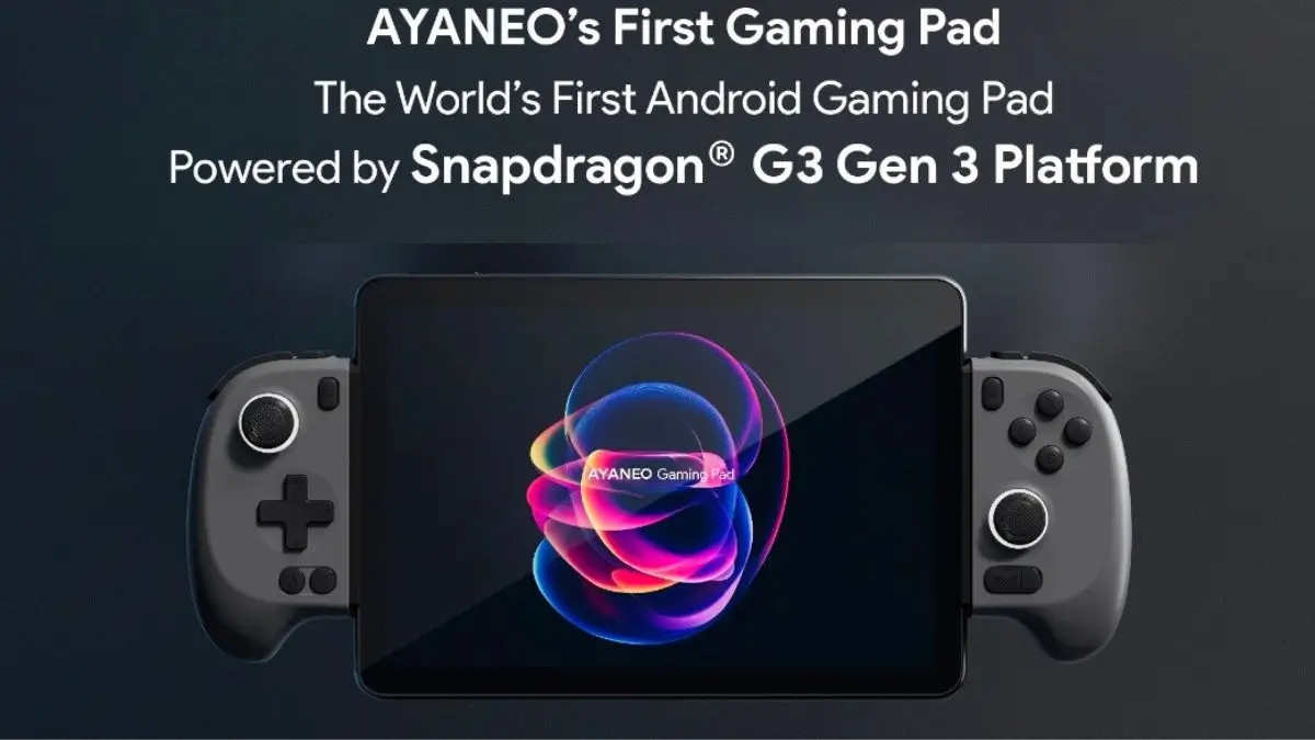 AYANEO Gaming Pad with connected controllers, keyboard, and accessories."