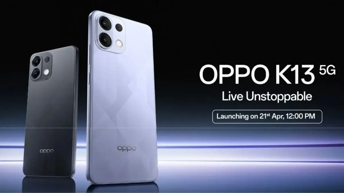"OPPO K13 5G smartphone launch poster with dual rear cameras, sleek design, and April 21 launch date."
