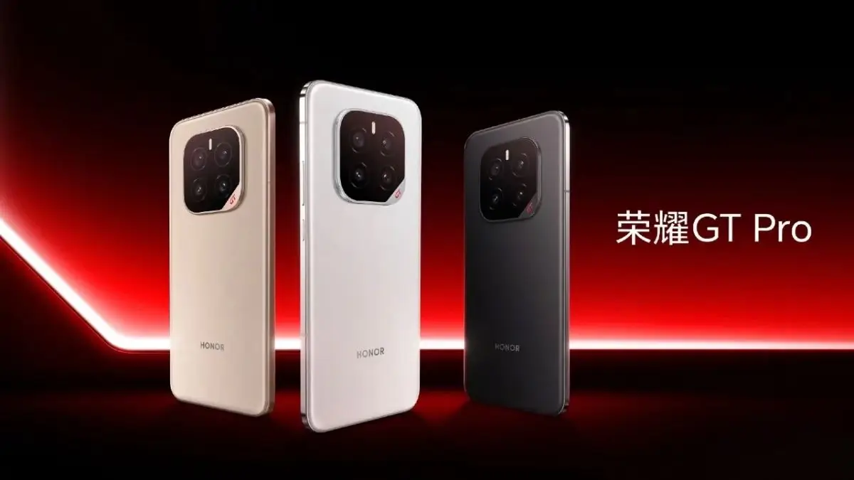 Honor GT Pro smartphone lineup in gold, white, and black color variants.