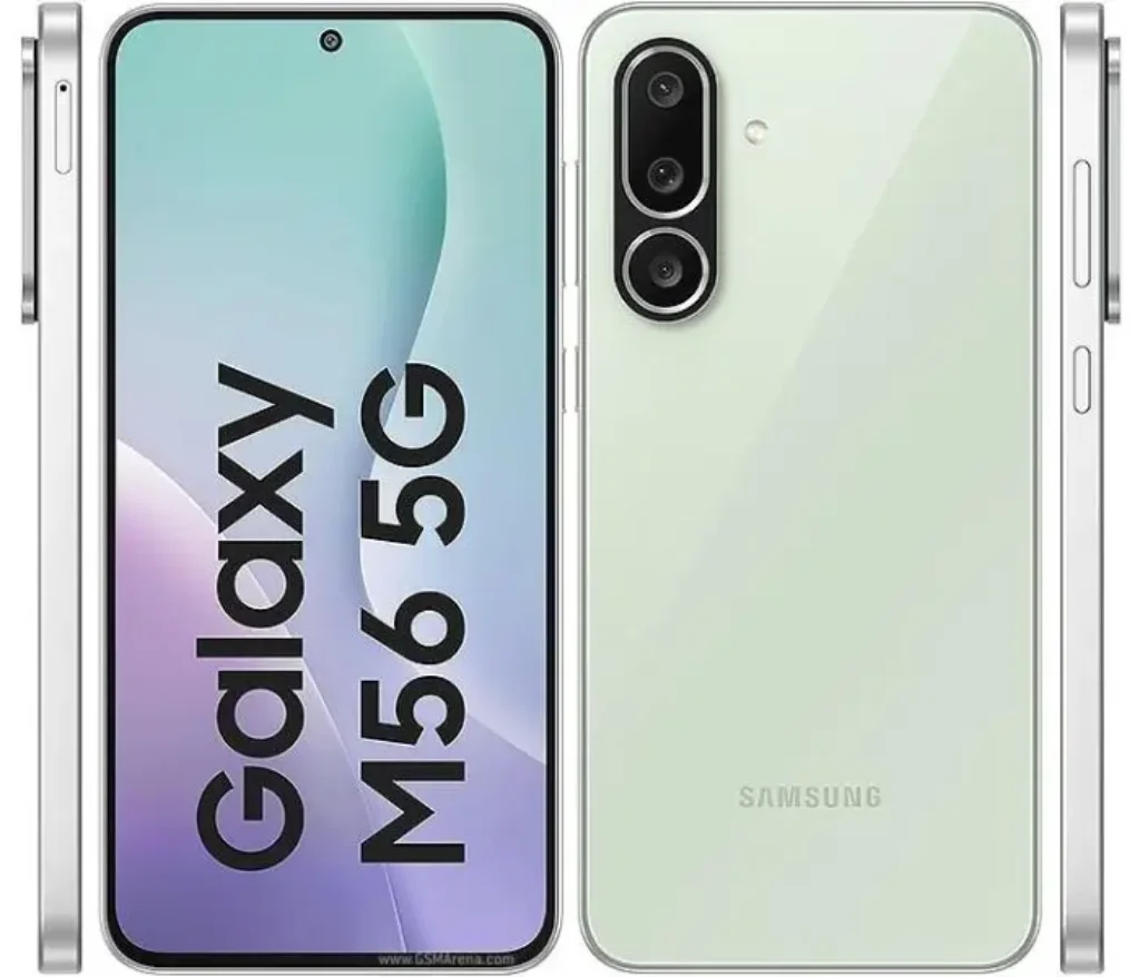 Samsung Galaxy M56 5G in Light Green color showing front and back design with dual camera setup