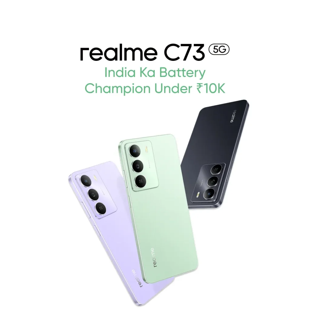 Realme C73 5G phone with 6000mAh battery, 108MP camera, and key specs.
