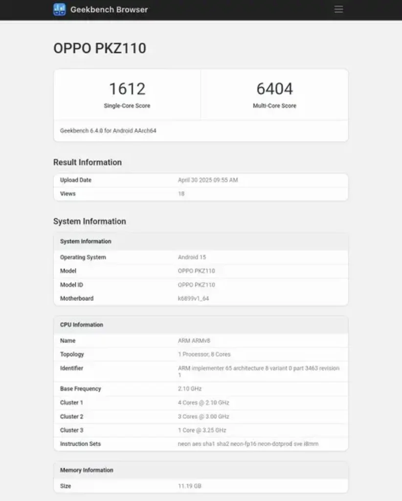 Oppo Reno 14 Pro Geekbench Benchmark score