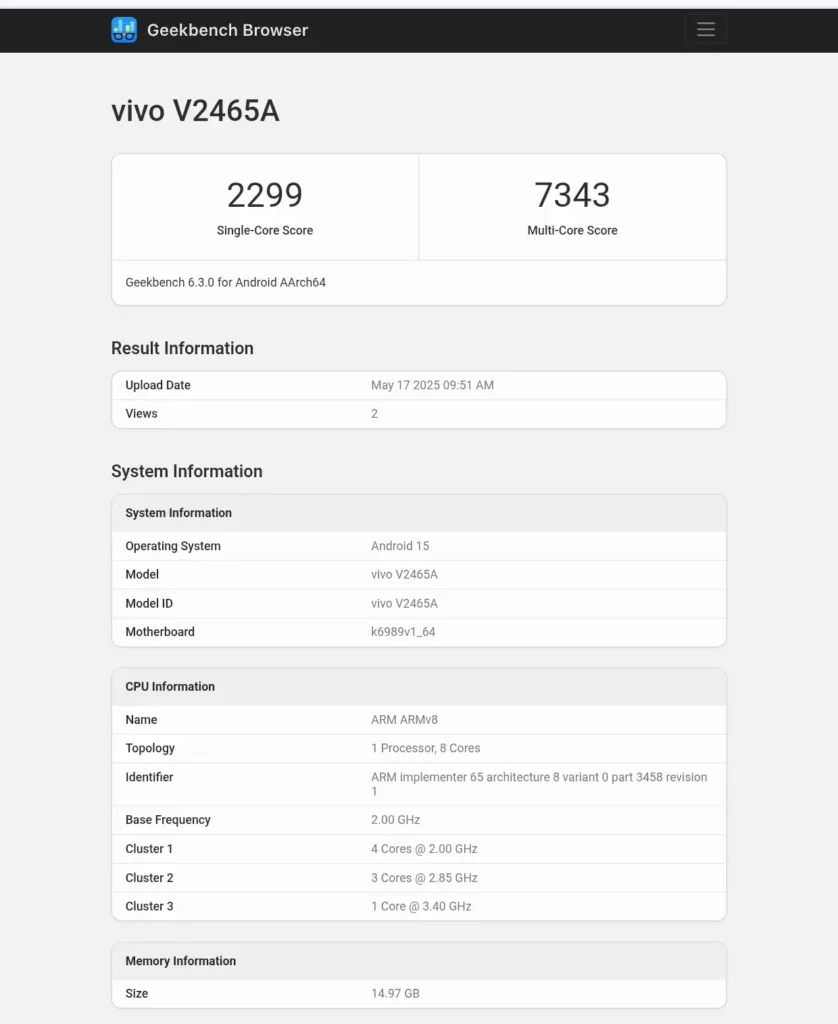 Vivo S30 Pro Mini Geekbench Score revealed with Dimensity 9400e and Android 15