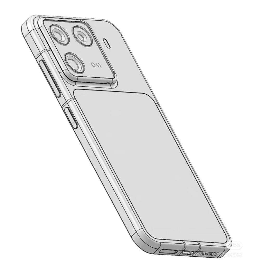 Sketch render of the Xiaomi 16 Leak, showing a triple rear camera setup with a spliced rear design.