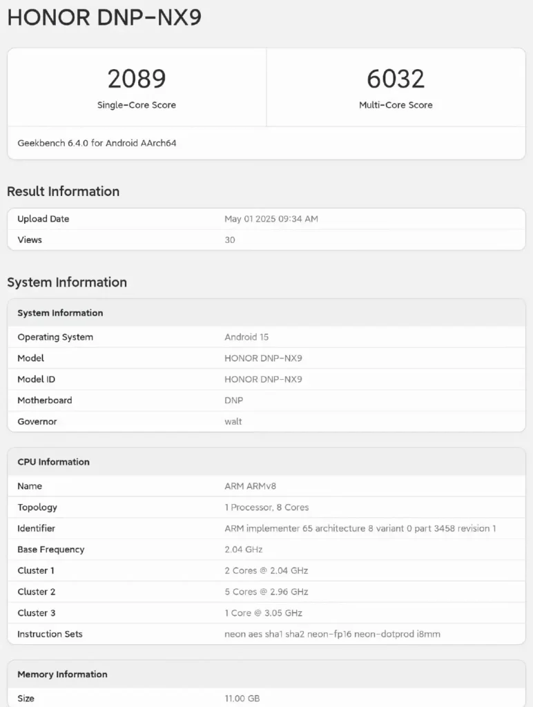 Honor 400 Pro Benchmark Score ,Geekbench score with Snapdragon 8 Gen 3 underclocked.