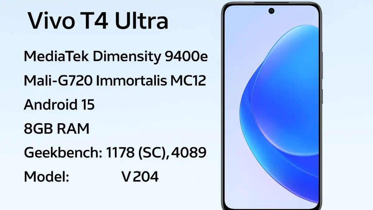 Vivo T4 Ultra specs infographic with Vivo T3 Ultra front design used as reference, highlighting Dimensity 9400e, Android 15, and Geekbench score.