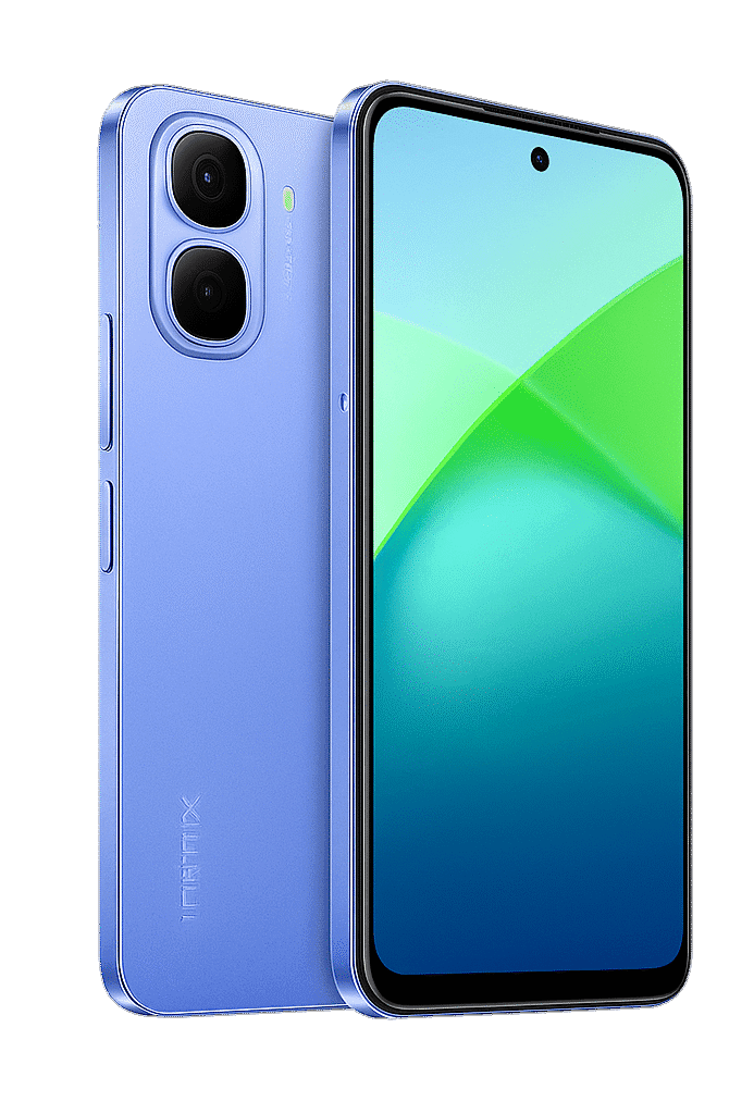 Side view of Infinix Smart 10 with sleek design and stereo speakers