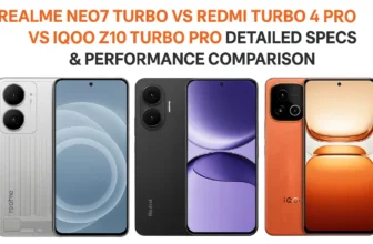 Three smartphones side-by-side — Realme Neo7 Turbo, Redmi Turbo 4 Pro, and iQOO Z10 Turbo Pro — in a comparison layout with 'Vs' in the center.