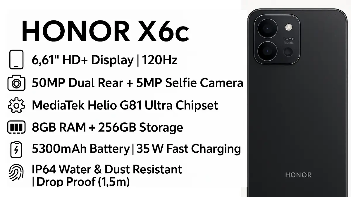 Honor X6c Price with 50MP dual camera, 120Hz display, Helio G81 Ultra, and 5300mAh battery.