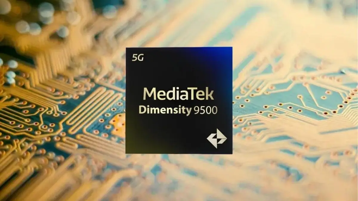 MediaTek Dimensity 9500 specs image showing chipset details and first launch devices on a blue background.