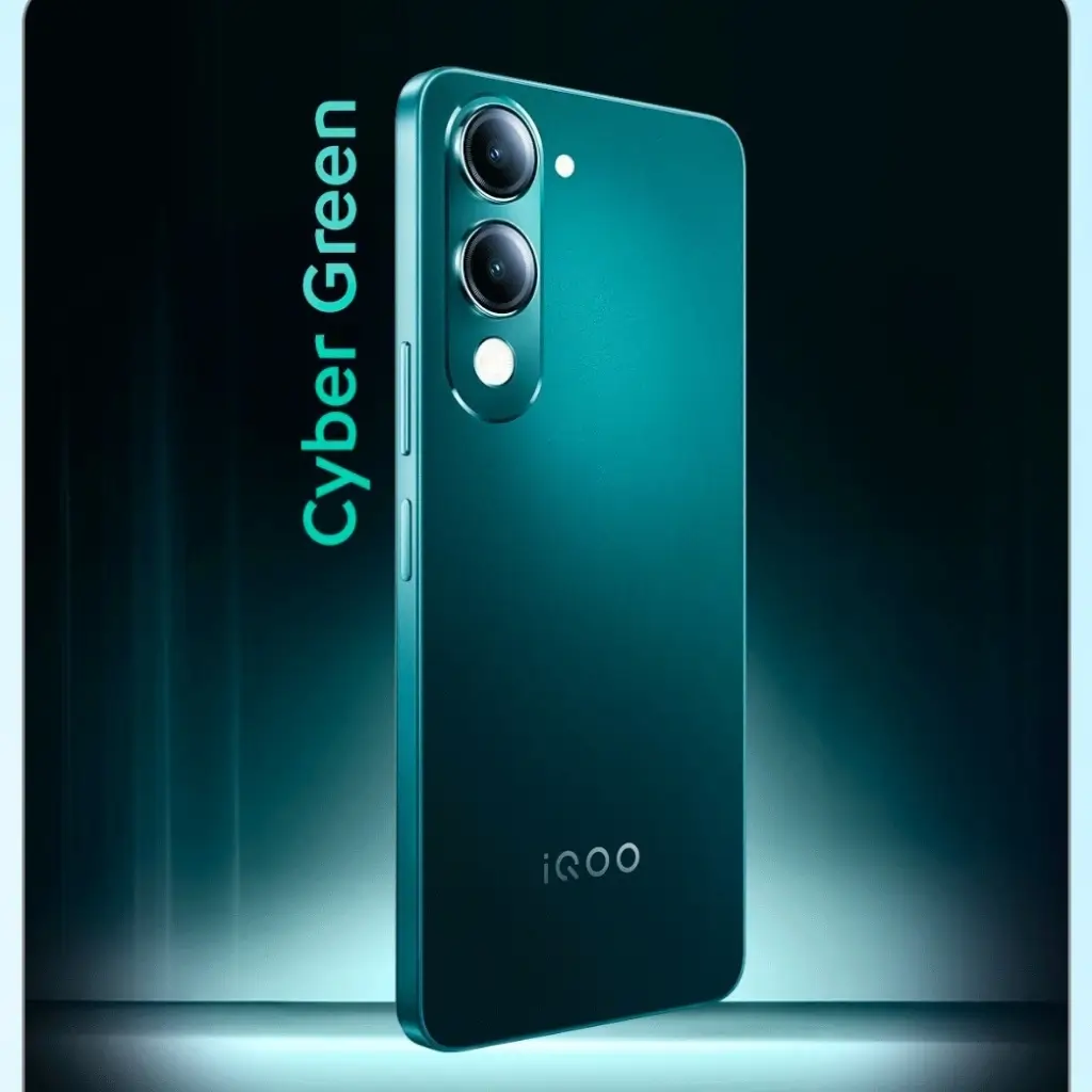 Full view of iQOO Z10 Lite 5G showcasing rear camera module and front display in green colour