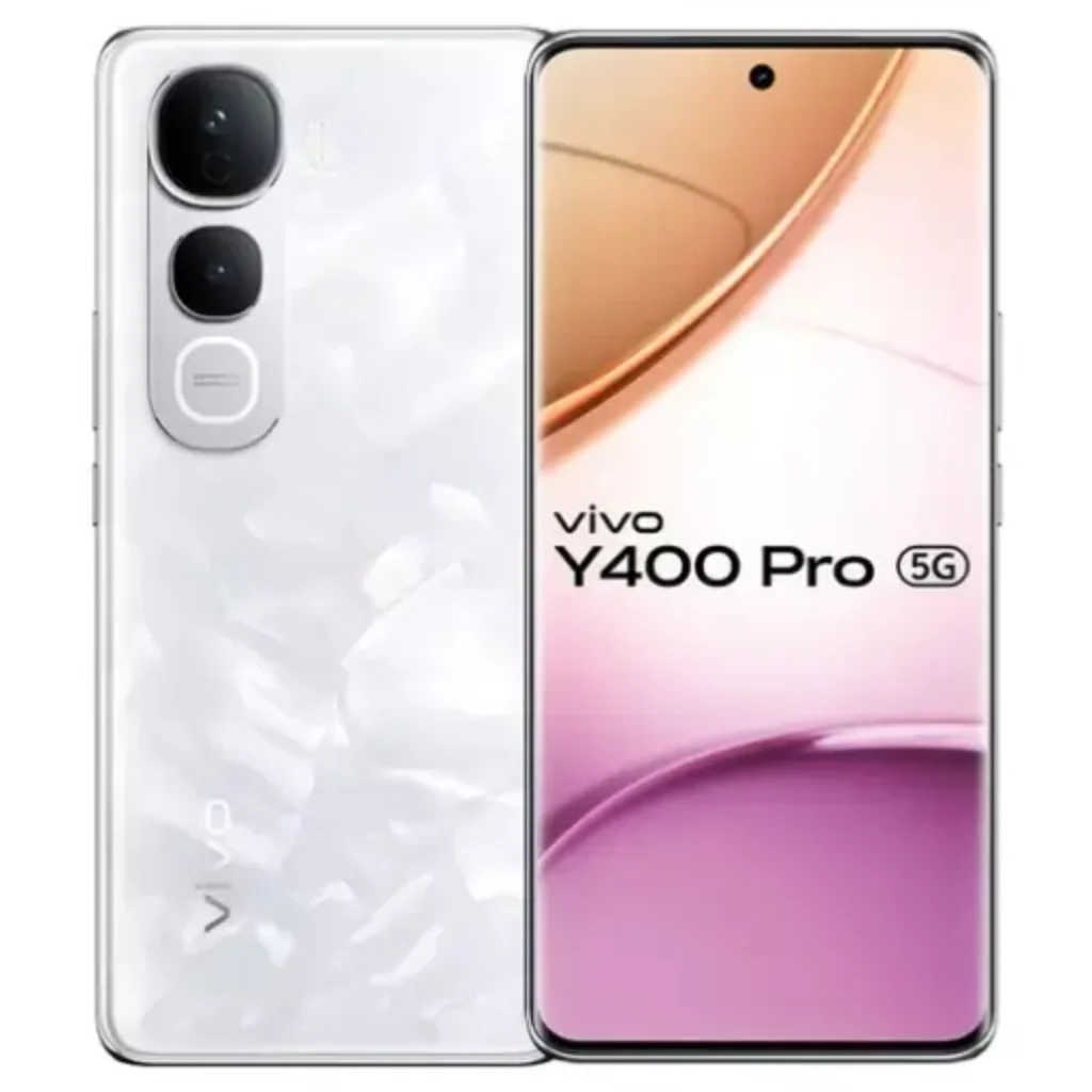 Vivo Y400 Pro 5G smartphone in Freestyle White color showcasing its AMOLED display, dual rear camera, and slim design – mid-range 5G phone with Dimensity 7300 chipset and 90W fast charging.