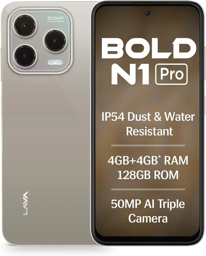 Lava Bold N1 Pro Price in India showcasing front and back design with punch-hole display and dual-camera setup.
