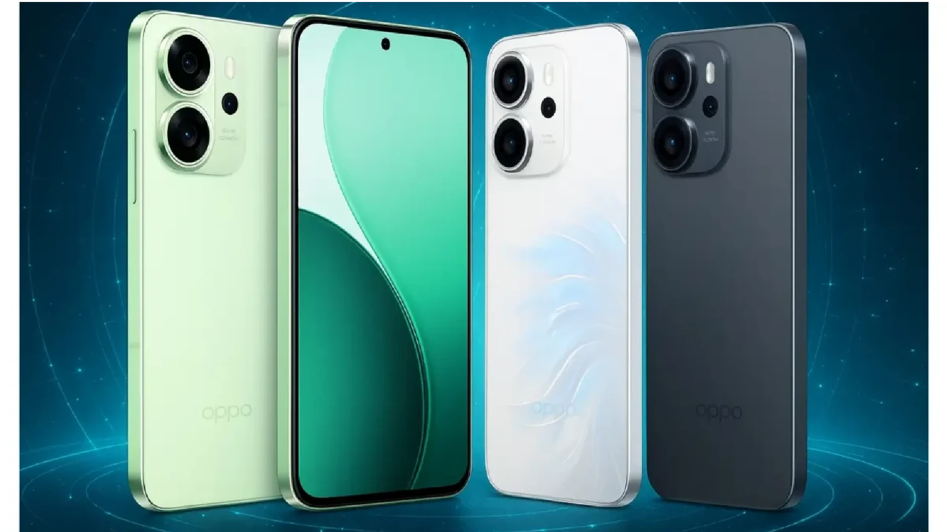 OPPO Reno14F 5G Specifications,smartphones in three colors with glowing tech-style background and unchanged camera design