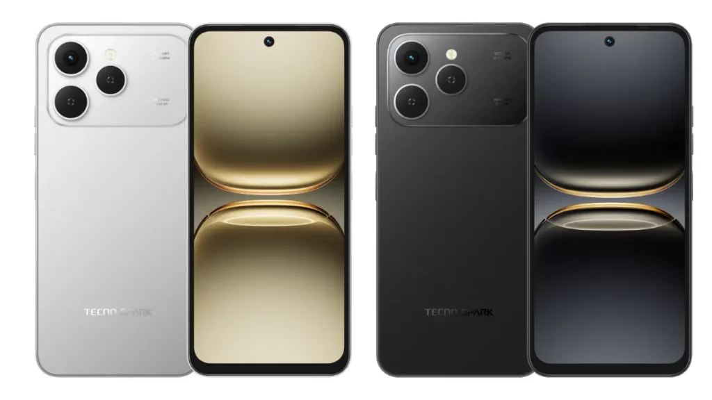 Tecno Spark 40 front and back design in silver and black colors, featuring iPhone-like flat edges, dual-ring camera layout, and punch-hole display