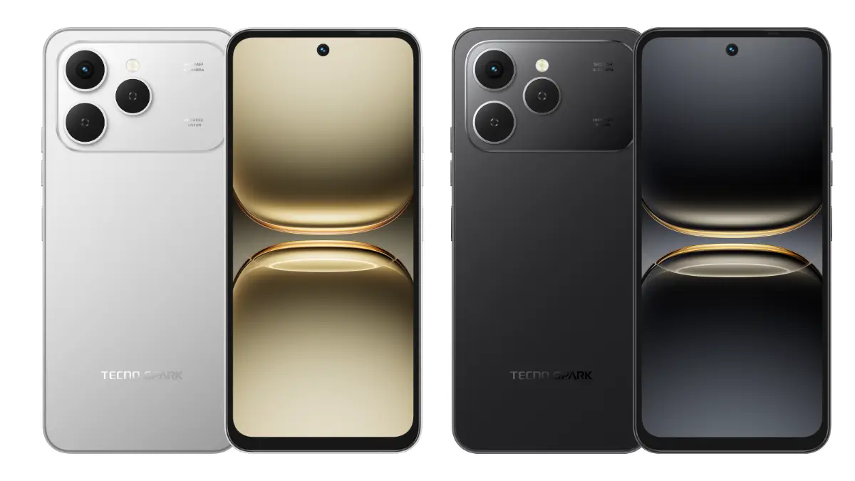 Tecno Spark 40 front and back design in silver and black colors, featuring iPhone-like flat edges, dual-ring camera layout, and punch-hole display