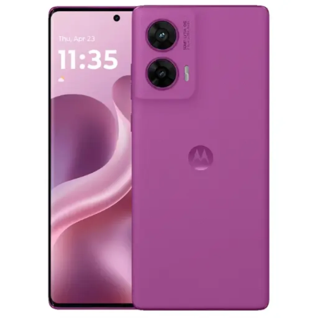 Moto G96 5G Full Specification showing 144Hz curved pOLED display, 50MP Sony camera, Snapdragon 7s Gen 2 chipset, and vegan leather design.