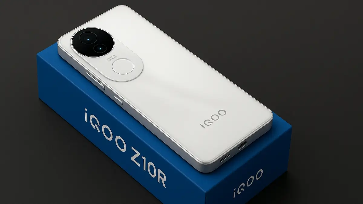 White iQOO Z10R smartphone placed on its blue retail box, showcasing the rear dual-camera setup and clean design — iQOO Z10R Price in India and features