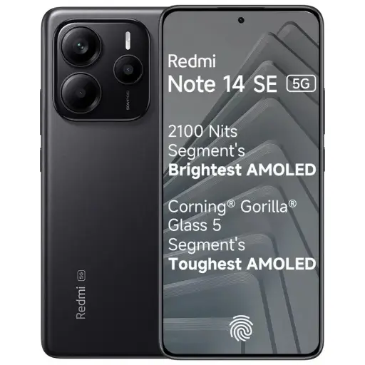 Redmi Note 14 SE 5G in Titan Black color with 6.67-inch AMOLED display, triple rear camera setup, and sleek design.
