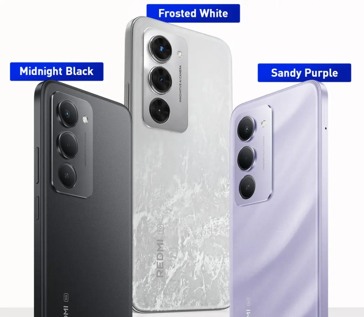 Redmi 15 5G available in Frosted White, Midnight Black, and Sandy Purple color options – upcoming 5G smartphone in India 2025.