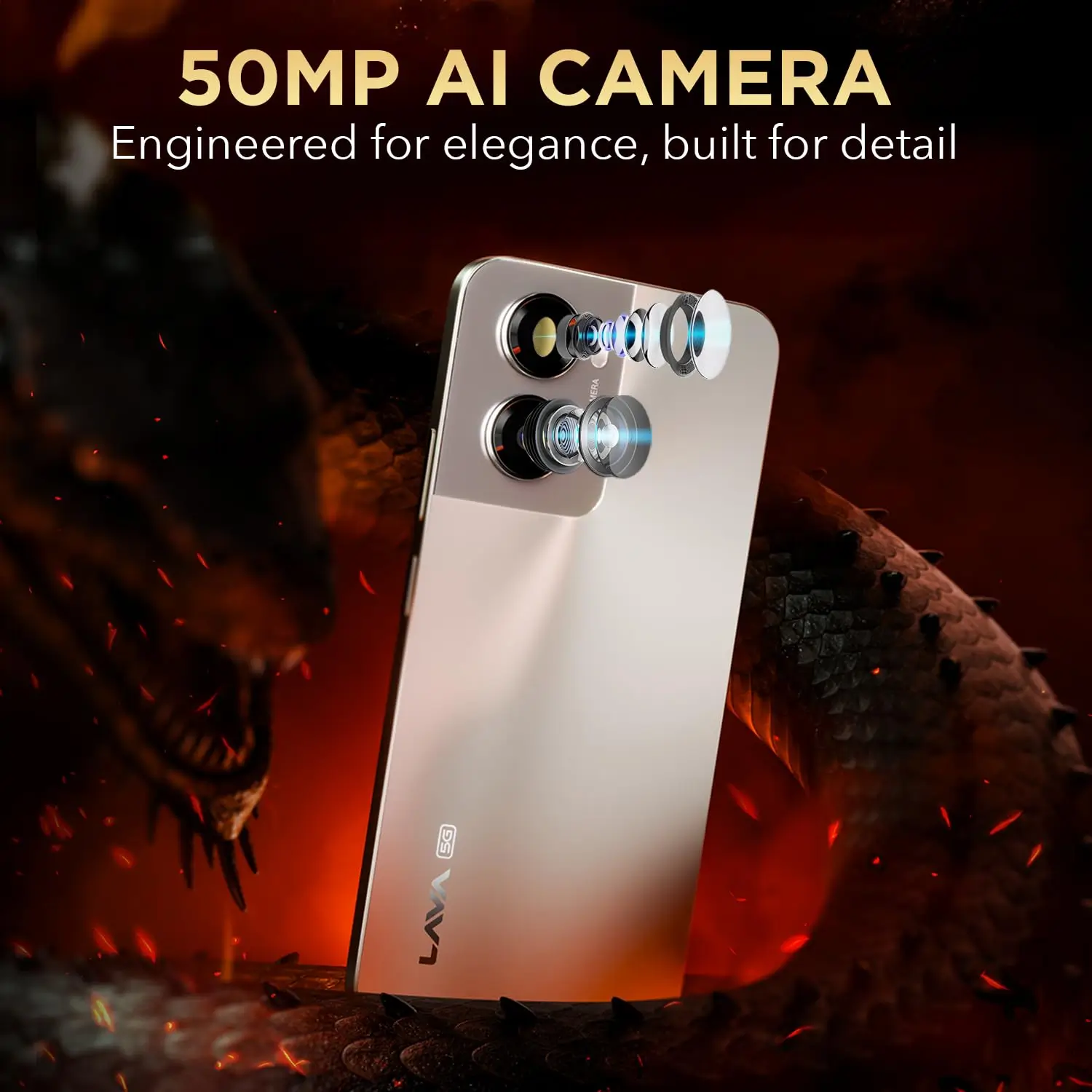 Lava Blaze Dragon featuring 50MP AI rear camera and 8MP front camera for crisp photos and portraits