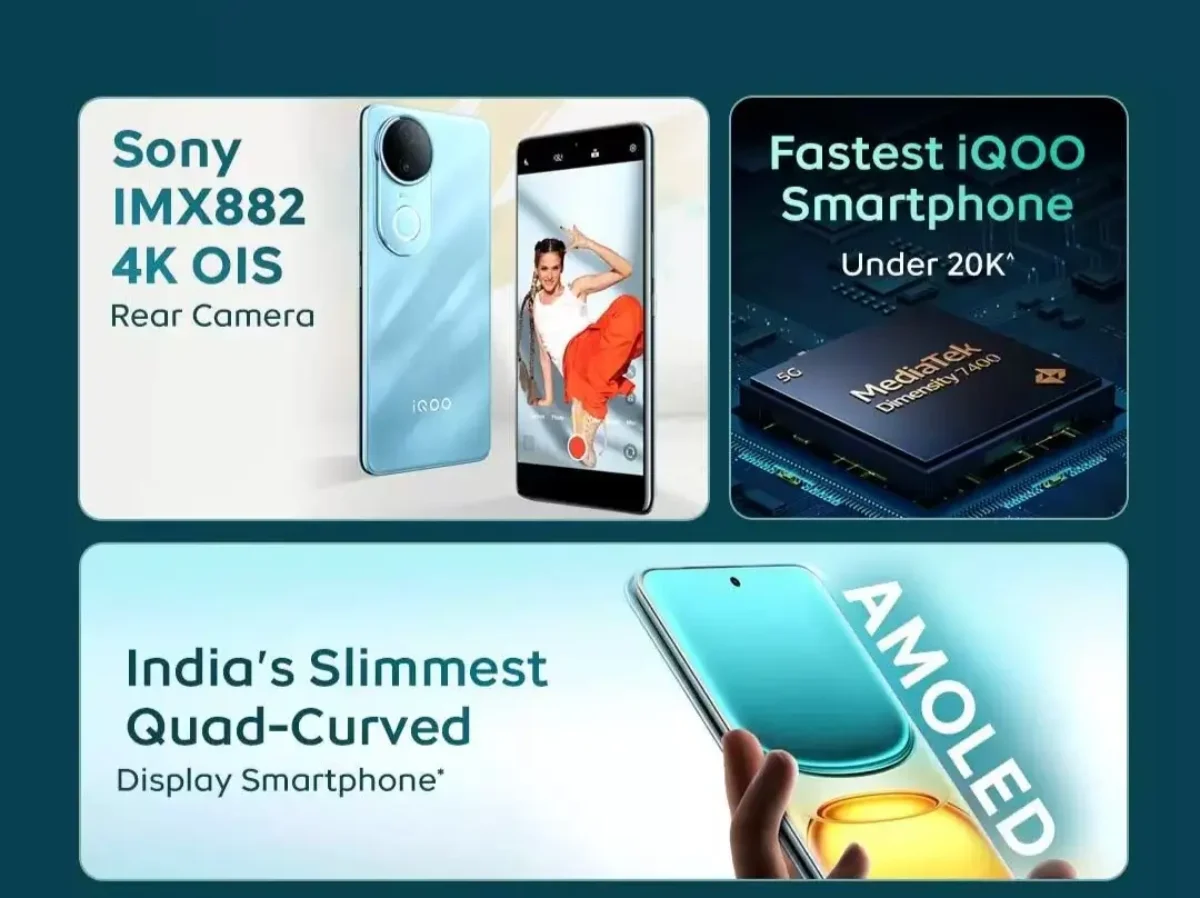 Visual highlights of iQOO Z10R smartphone features including Sony IMX882 50MP rear camera with 4K OIS, MediaTek Dimensity 7400 chipset, quad-curved AMOLED display, and slim design