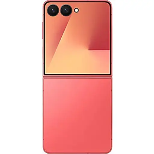 Samsung Galaxy Z Flip7 unfolded in Coral Red color, showcasing its 6.9-inch Dynamic AMOLED display with punch-hole camera and slim bezels