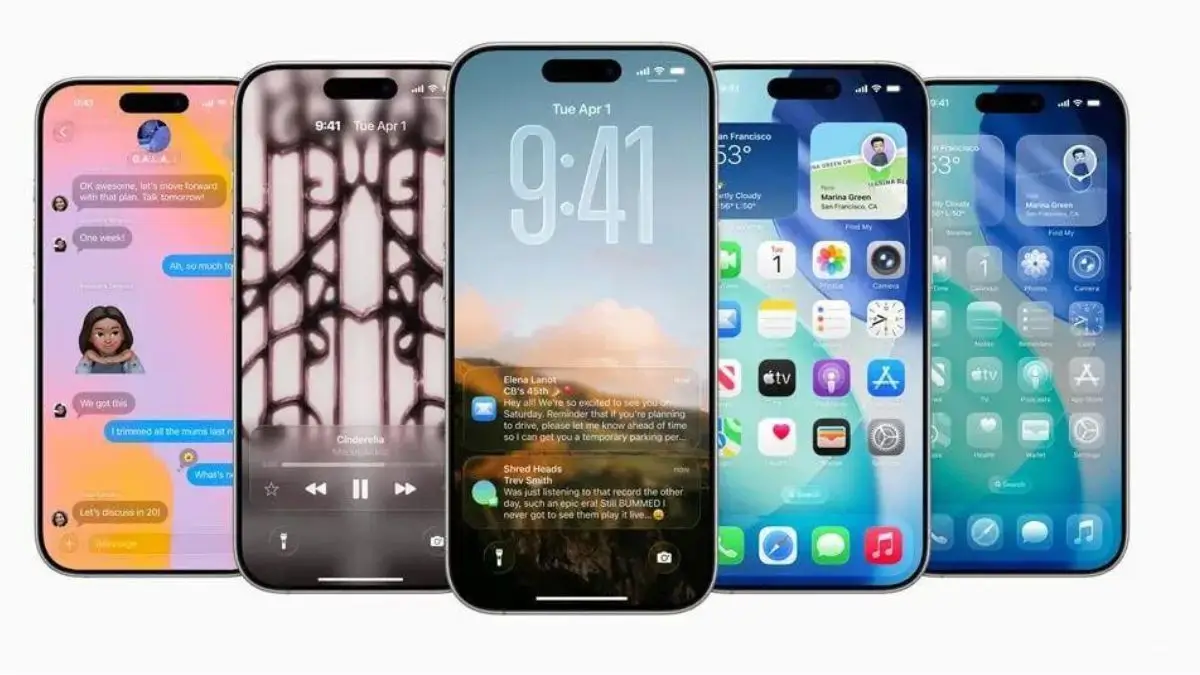 iPhones running ios 26 public beta displaying updated lock screen, message themes, home screen layout, and dynamic notifications.