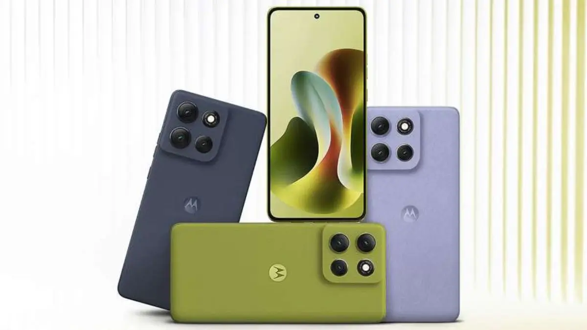 "Moto G86 Power 5G Specifications,smartphone image showing all three color options – Pantone Golden Cypress, Blue, and Lavender, with front display and triple rear camera design."