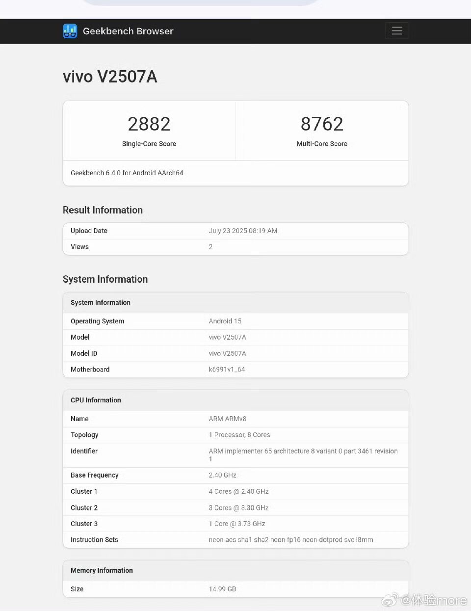 iQOO Z10 Turbo Pro+ Geekbench listing showing Dimensity 9400+ chipset, Android 15, 15GB RAM, and benchmark scores