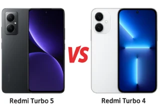 Redmi Turbo 5 vs Redmi Turbo 4 smartphone side-by-side comparison showing front and back design