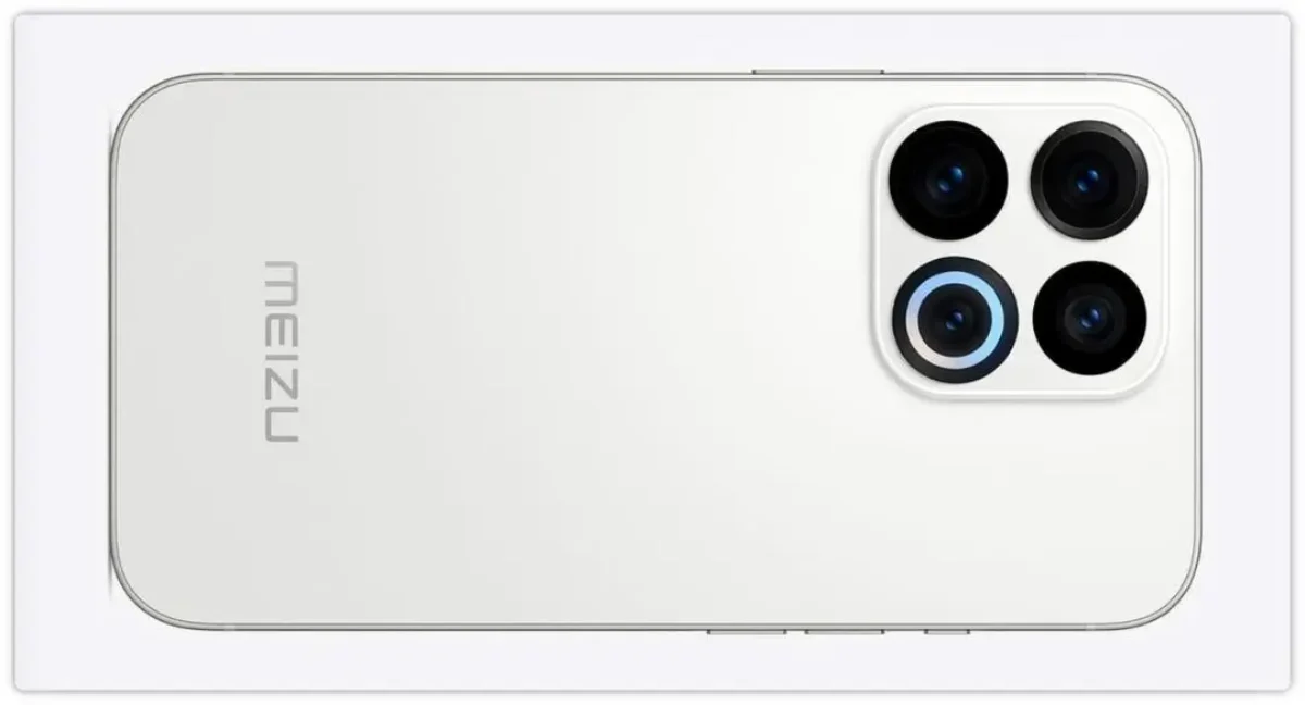 Meizu 22 Design back view in white color with rectangular quad-camera module on the top left.