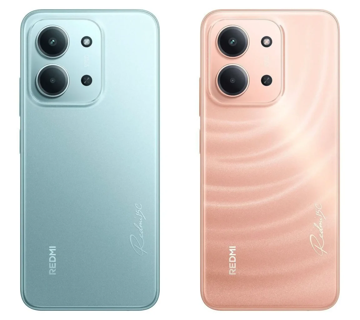 Redmi 15C back panel in blue and peach color variants showcasing dual rear cameras and LED flash with a glossy and matte finish design.