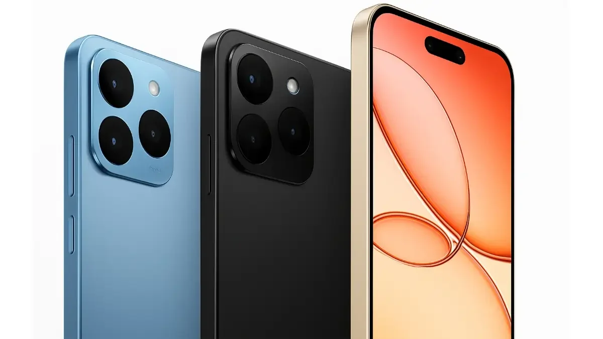 Realme 15T Specs, smartphone in blue, black, and gold colors featuring a triple rear camera setup and punch-hole AMOLED display.