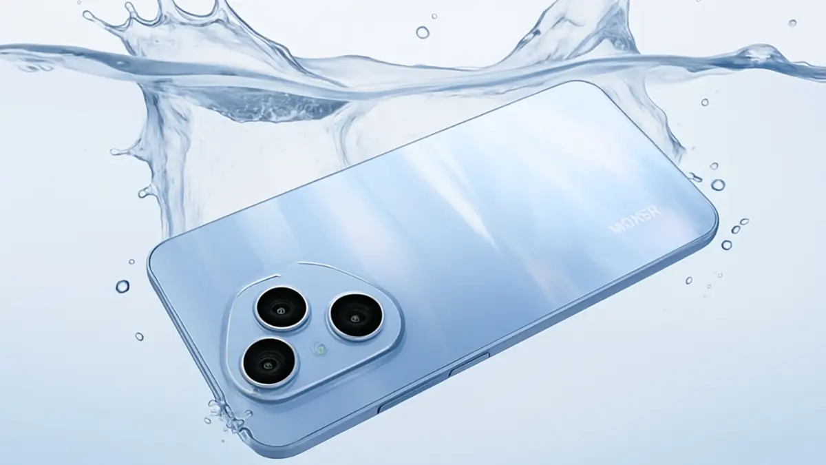 honor 500 splash‑proof design with triple‑camera module in water splash scene