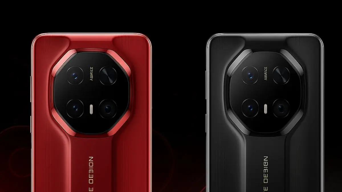 Huawei Mate 80 RS Leaks, red and black with titanium frame and XMAGE camera.