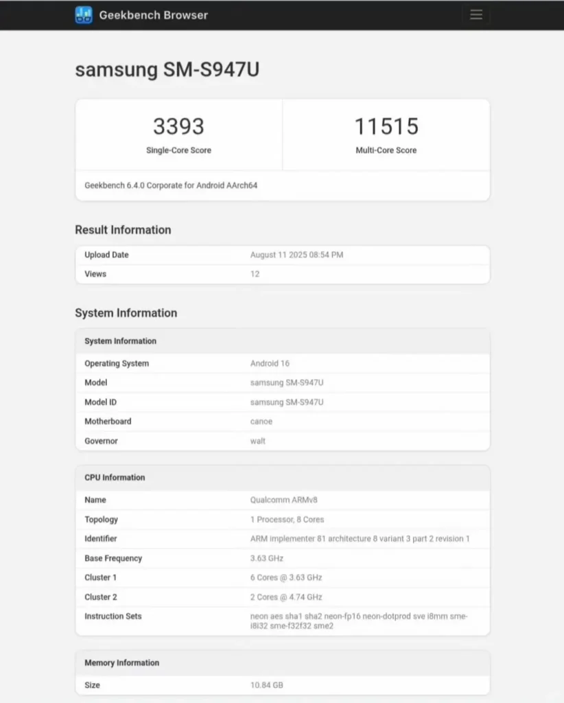 Samsung S26 Edge Geekbench score showing Snapdragon 8E Gen 2 benchmark results"