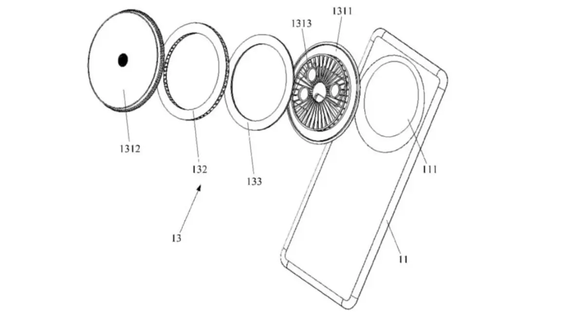 Exploded diagram of Huawei Mate 80 Leaks ,rear camera module showcasing built-in cooling fan design.
