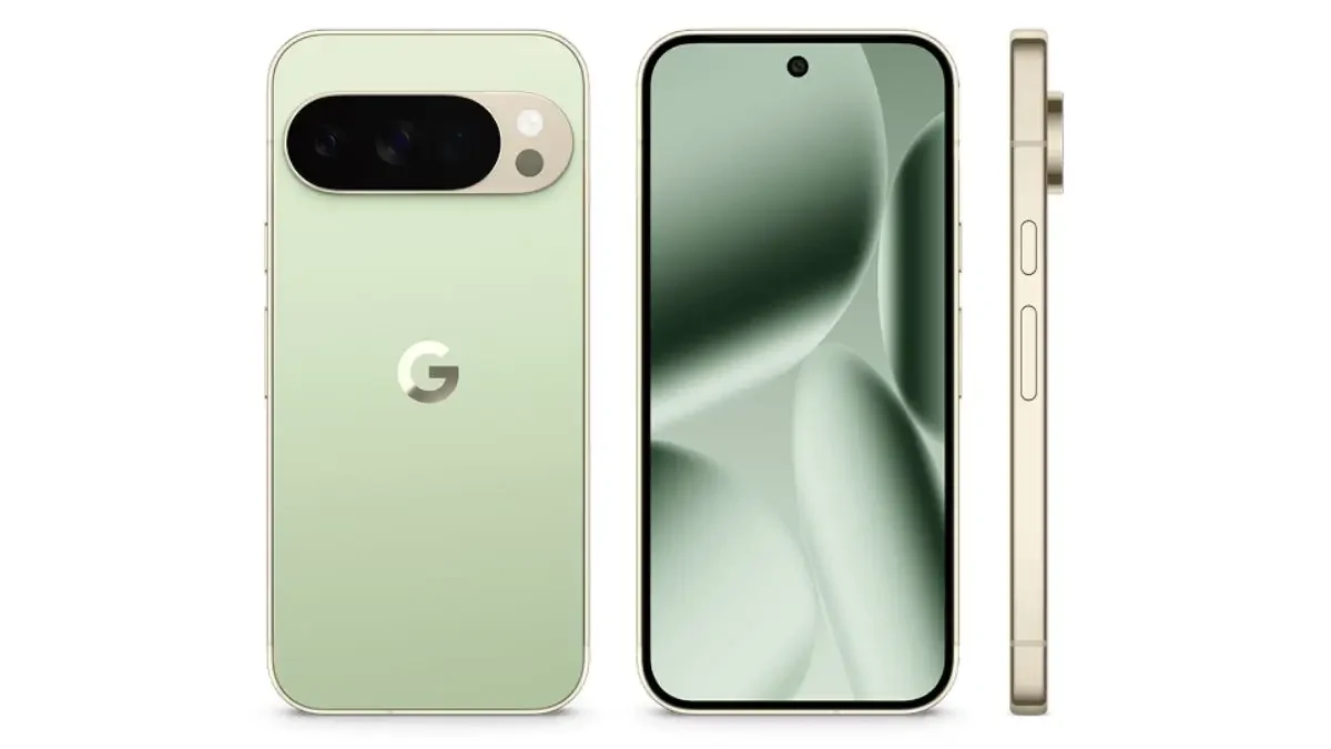 Google Pixel 10 Pro showing front, back, and side views. The phone features a punch-hole front camera, triple rear camera setup in a horizontal module, slim aluminum frame, and sleek modern design.”