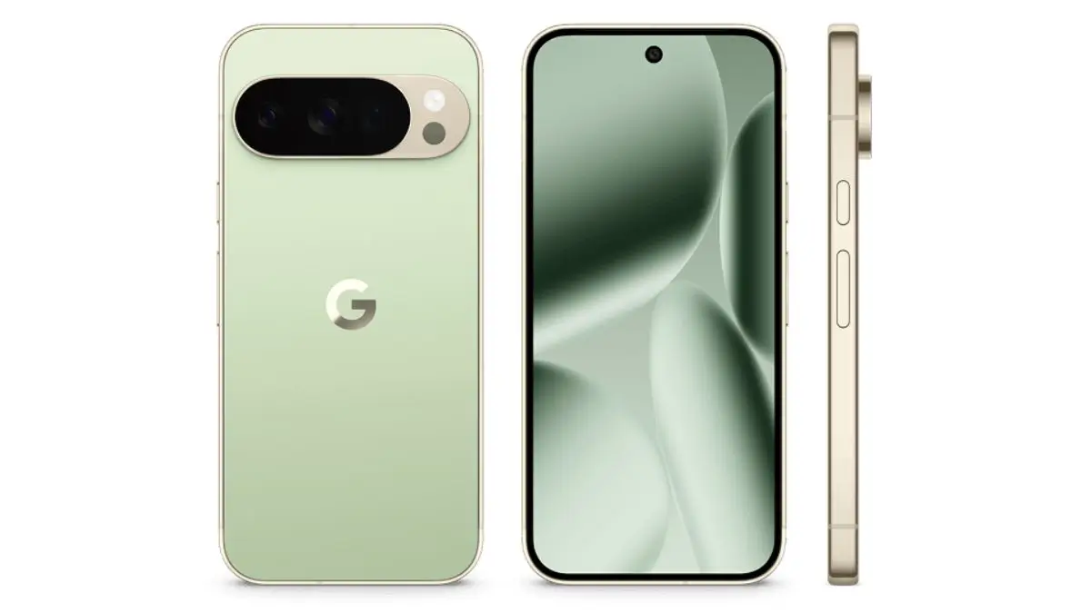 Google Pixel 10 Pro showing front, back, and side views. The phone features a punch-hole front camera, triple rear camera setup in a horizontal module, slim aluminum frame, and sleek modern design.”