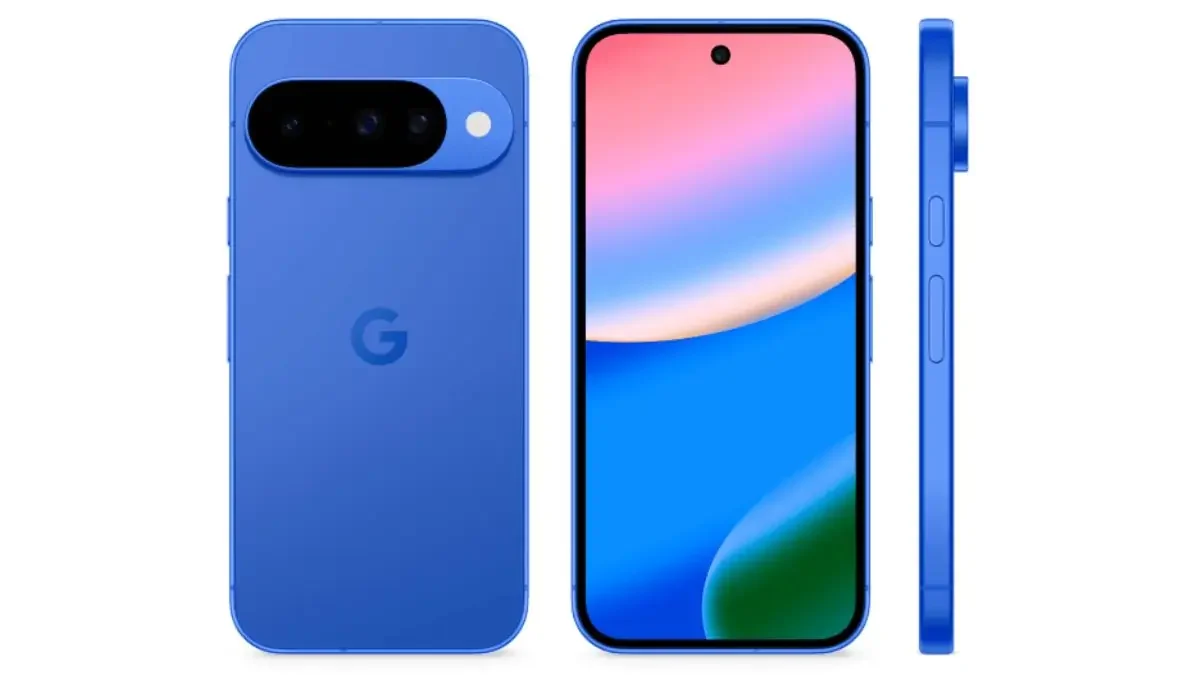 Google Pixel 10 smartphone in blue color, showing front, back, and side profile with triple rear camera and punch-hole display.