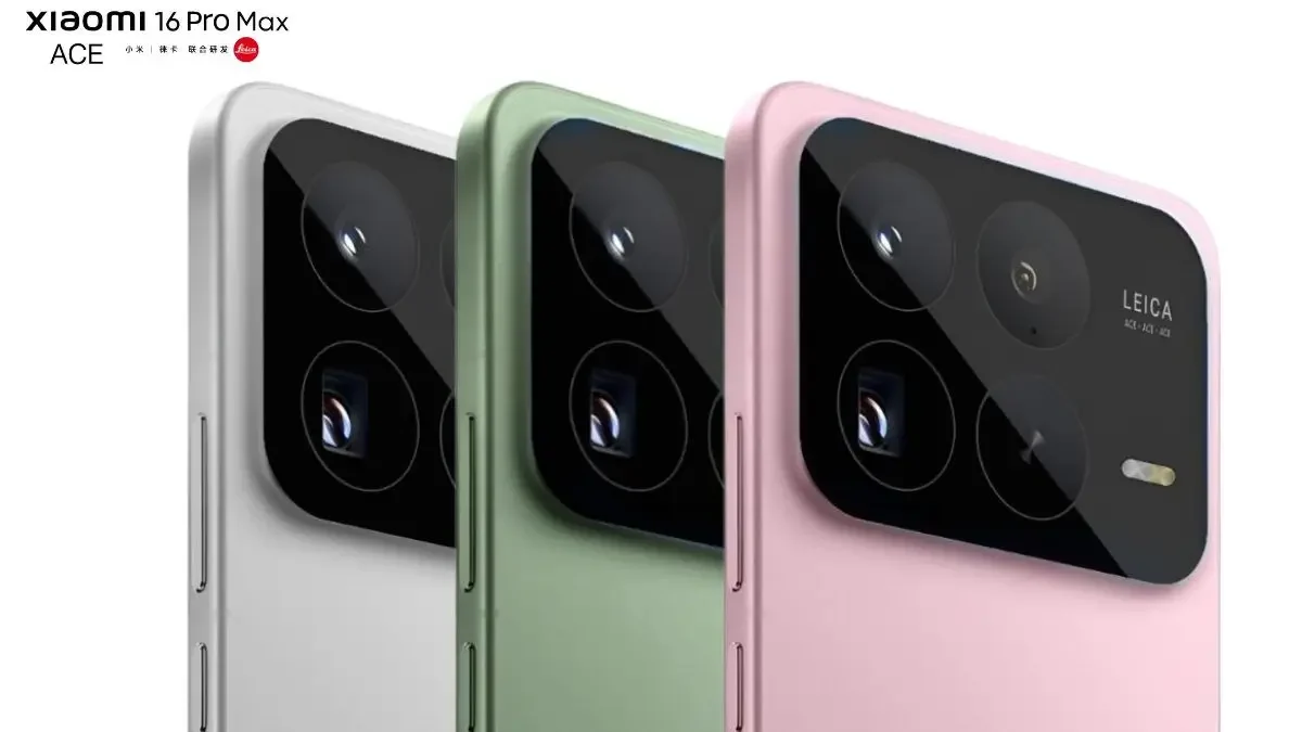 "Xiaomi 16 Pro Max, render Image showing triple rear camera setup with Leica branding in white, green, and pink color options
