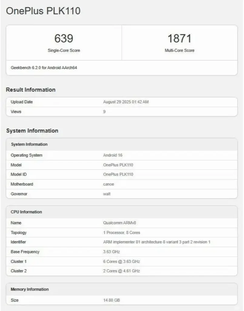 OnePlus 15 GeekBench Score highlights Snapdragon 8 Ultra chipset performance