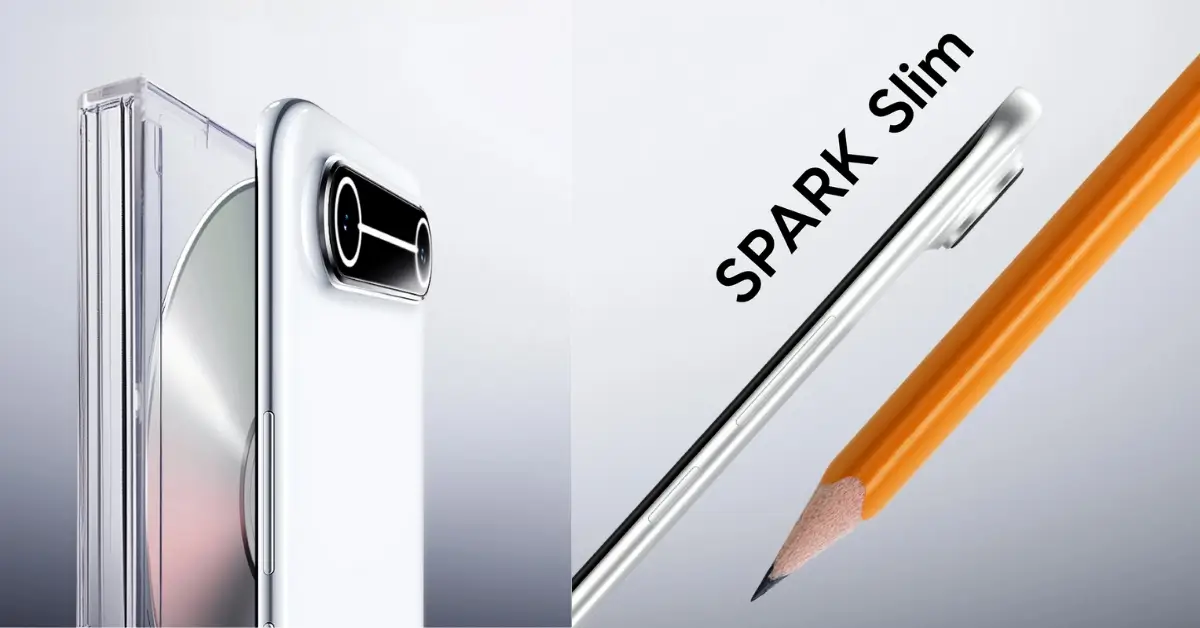 “Tecno Spark Slim ultra‑thin side next to a sharpened pencil with ‘SPARK Slim’ text — tecno spark slim specs”