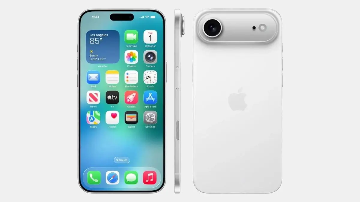 iPhone Air in white showing front display with Dynamic Island, ultra‑thin side profile, and single‑camera rear bar design