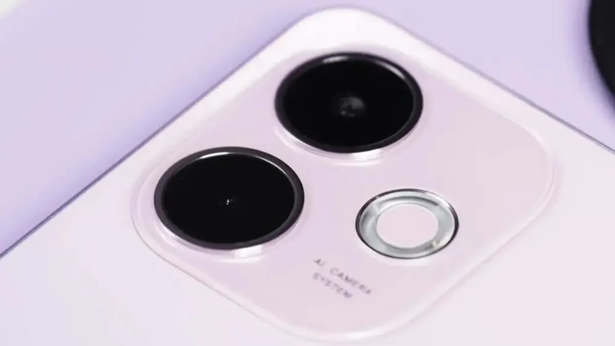 OPPO A6 dual rear camera close-up with 50MP main lens, 2MP secondary sensor and circular flash ring on pastel back panel.”