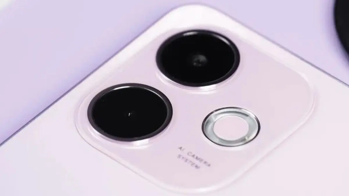 OPPO A6 dual rear camera close-up with 50MP main lens, 2MP secondary sensor and circular flash ring on pastel back panel.”