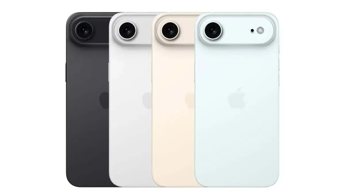 iphone Air details with four colors lineup black white light gold and light blue shown side by side